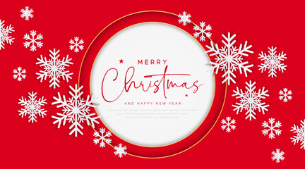 Fototapeta na wymiar Christmas greeting card on red background. Christmas paper cut snowflake with shadow. Paper art style. Space for text. Suit for poster, website, banner, cover, card, flyer. Vector illustration