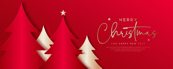 Fototapeta na wymiar Christmas red background with xmas tree. Merry christmas greeting card. Modern luxury banner template design. Space for text. Suit for poster, invitation, card, cover, website. Vector illustration