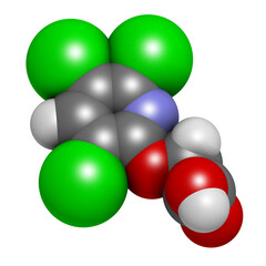 Triclopyr herbicide (broadleaf weed killer) molecule, 3D rendering.