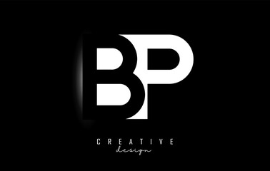 Letters BP Logo with negative space design on a black background. Letters B and P with geometric typography.