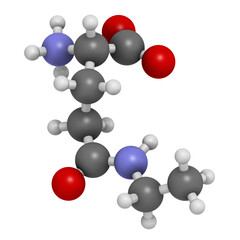 Theanine herbal molecule. 3D rendering.  Constituent of tea prepared from Camellia sinensis. Also taken as nutritional supplement.