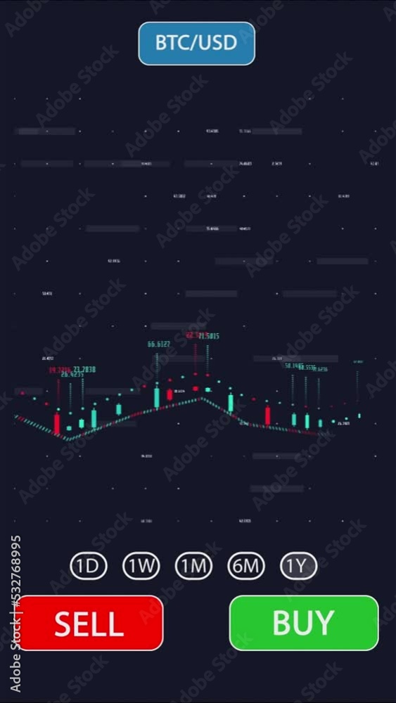 Poster Cryptocurrency, online trading and bitcoin finance app on phone UI screen with dark background and fintech sell or buy. Banking, btc and investment graph or algorithm for blockchain or stock market