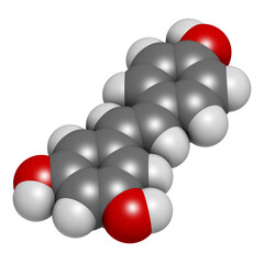 Resveratrol molecule. 3D rendering.  Present in many plants, including grapes and raspberries. Believed to have a number of positive health effects.