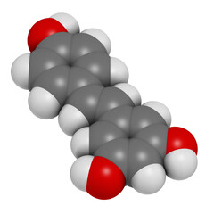 Resveratrol molecule. 3D rendering.  Present in many plants, including grapes and raspberries. Believed to have a number of positive health effects.
