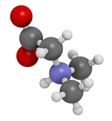 Dimethylglycine (DMG) molecule. 3D rendering.  Methylated derivative of glycine, used in performance enhancing nutritional supplements.