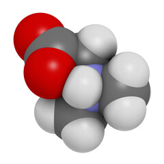 Dimethylglycine (DMG) molecule. 3D rendering.  Methylated derivative of glycine, used in performance enhancing nutritional supplements.