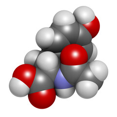 N-acetyl-tyrosine (NALT) molecule. 3D rendering.  Acetylated form of the amino acid tyrosine.