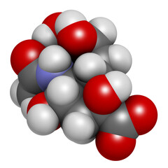 Sialic acid (N-acetylneuraminic acid, Neu5Ac, NANA) molecule, 3D rendering.