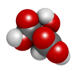 Malic acid fruit acid molecule. 3D rendering.  Present in apples, grapes, rhubarb, etc and contributes to the sour taste of these. 