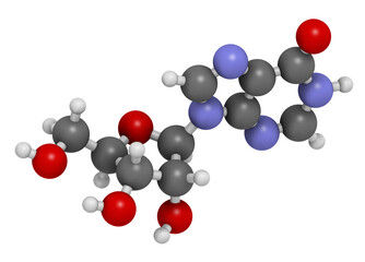 Inosine nucleoside molecule. 3D rendering.  Found in tRNA. Used as fitness nutritional supplement.
