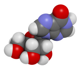 Inosine nucleoside molecule. 3D rendering.  Found in tRNA. Used as fitness nutritional supplement.