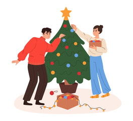 Friends decorating Christmas tree for winter holiday. Happy people preparing for Xmas with fir baubles and ornaments. Flat vector illustration isolated on white background.