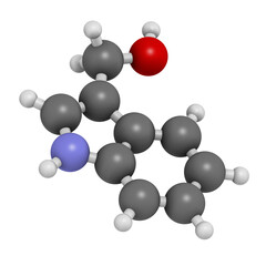 Indole-3-carbinole (I3C) cruciferous vegetable molecule. 3D rendering.  Present in food prepared with broccoli, cabbage, kale, etc. May have beneficial health effects.