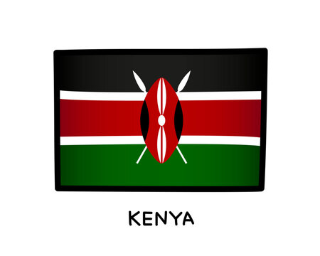 The flag of Kenya. Colorful Kenyan flag logo. Black, red, green and white brush strokes drawn by hand. Black outline. Vector illustration