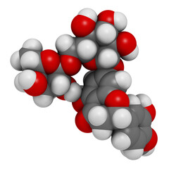 Hesperidin citrus flavanone molecule, 3D rendering.