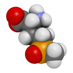 Glufosinate (phosphinothricin) nonselective herbicide molecule. 3D rendering.  Transgenic (GMO) crops have been created that are resistant to glufosinate.