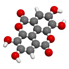 Ellagic acid dietary supplement molecule, 3D rendering.