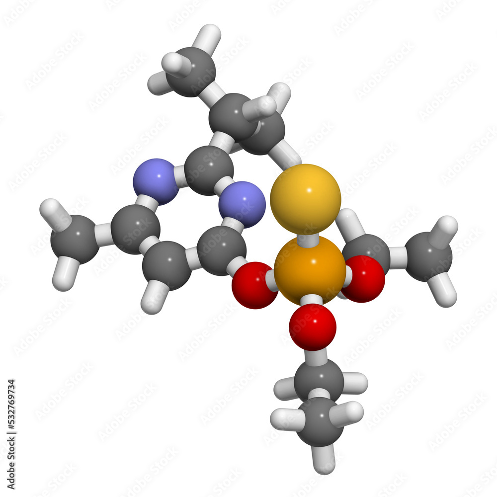 Sticker Diazinon (dimpylate) organophosphate insecticide molecule. 3D rendering.