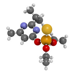 Diazinon (dimpylate) organophosphate insecticide molecule. 3D rendering.
