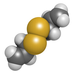 Diallyl disulfide garlic molecule. 3D rendering.  One of the compounds responsible for taste, smell and health effects of garlic.