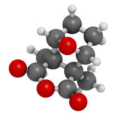 Cantharidin blister beetle poison molecule. 3D rendering.  Secreted by blister beetles, spanish fly, soldier beetles, etc.