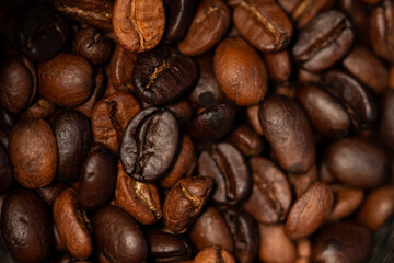 coffee beans close up, Top view of full bean coffee background