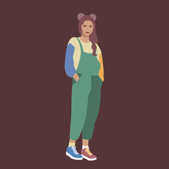 The girl with the pink hair in the colored clothes. Full-body