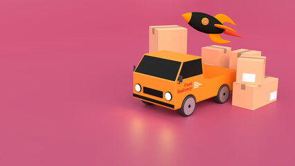 3D Rendering Delivery car. Orange car with packaging. Shipping, delivery service, cargo. Transportation delivery by car 3D illustration