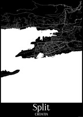 Black and White city map poster of Split Croatia.