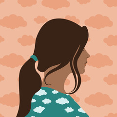 Figure of a girl in front of a pink-orange sky with clouds.