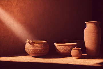 pottery still life, clay pots with rustic wall background, generative ai - obrazy, fototapety, plakaty