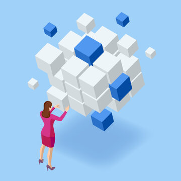 Isometric financial technology, cloud computing, distribution, mining pool concept. Cubes. Big Data Cube Quantum Computer Server