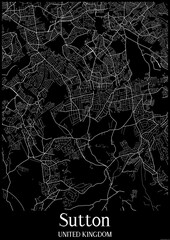 Black and White city map poster of Sutton United Kingdom.