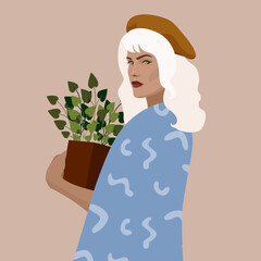 Girl with flower pot on beige background. White hair, blue coat, beret.