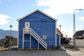 Naklejka premium Police station in the Greenland town of Uummannaq, Greenland, Denmark 