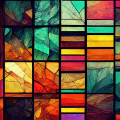 Abstract mosaic window illustration of a stained glass artwork colorful with different textures and green, teal, blue, orange, red, pink colors wallpaper and background geometric square