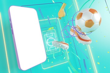 football balls object, sport ball design, football element concept, 3d illustration, abstract football technology, smartphone mobile screen, green grass field, online sport live, casino sport business