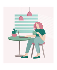 Minimalistic modern flat illustration. The girl works at the computer