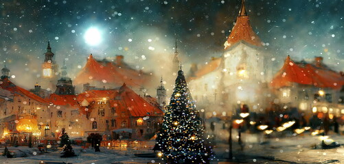   Christmas city , tree on medieval city stree  lamp evening blurred light old houses pedestrian walk old town market place  Tallinn old town festive banner