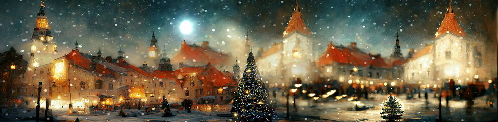  Christmas city , tree on medieval city ,stree  lamp evening blurred light ,old houses ,pedestrian walk, old town market place  Tallinn old town, festive banner