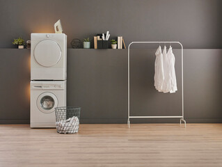 Washing and drier machine in the grey wall room background, laundry, clothe, sofa and working table...