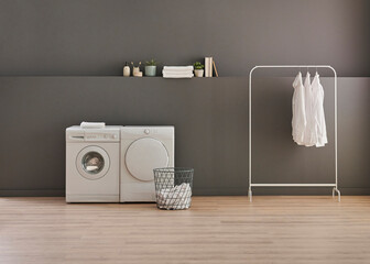 Washing and drier machine in the grey wall room background, laundry, clothe, sofa and working table...