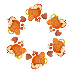 Cute vector autumn mandala with leaves, candles,pumpkin drinks,mushrooms, baskets, pumpkins on white background.Hand drawn vector illustration for coloring page and artbooks for adults and kids.