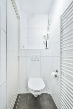 Interior of restroom with heated towel rails and toilet bowl