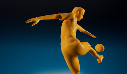 Yellow soccer football player kicking a ball in an action pose. 3D Rendering