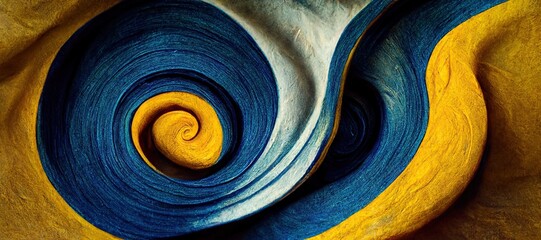 Spiraling vortex of dried multi color acrylic paint, mostly blue and yellow pigments mixed. Vibrant saturated swirls of abstract art background bliss.  