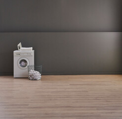 Washing and drier machine in the grey wall room background, laundry, clothe, sofa and working table...