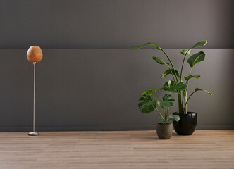 Fototapeta na wymiar Grey wall background, armchair and orange lamp decoration with vase of plant style.