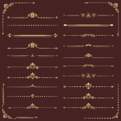 Fototapeta premium Vintage set of vector golden elements. Horizontal separators in the frame. Collection of different ornaments. Classic patterns. Set of golden patterns