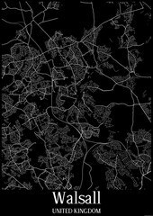 Black and White city map poster of Walsall United Kingdom.